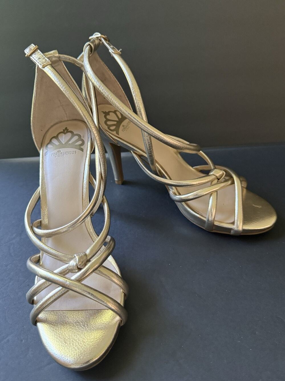 Fergalicious Womens Gold Strappy Stiletto Heel Size 5.5 Event Holiday Party Glam